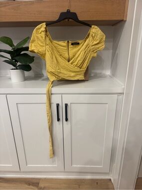 Sugarlips Mustard Yellow Wrap Crop Top with Puff Sleeves